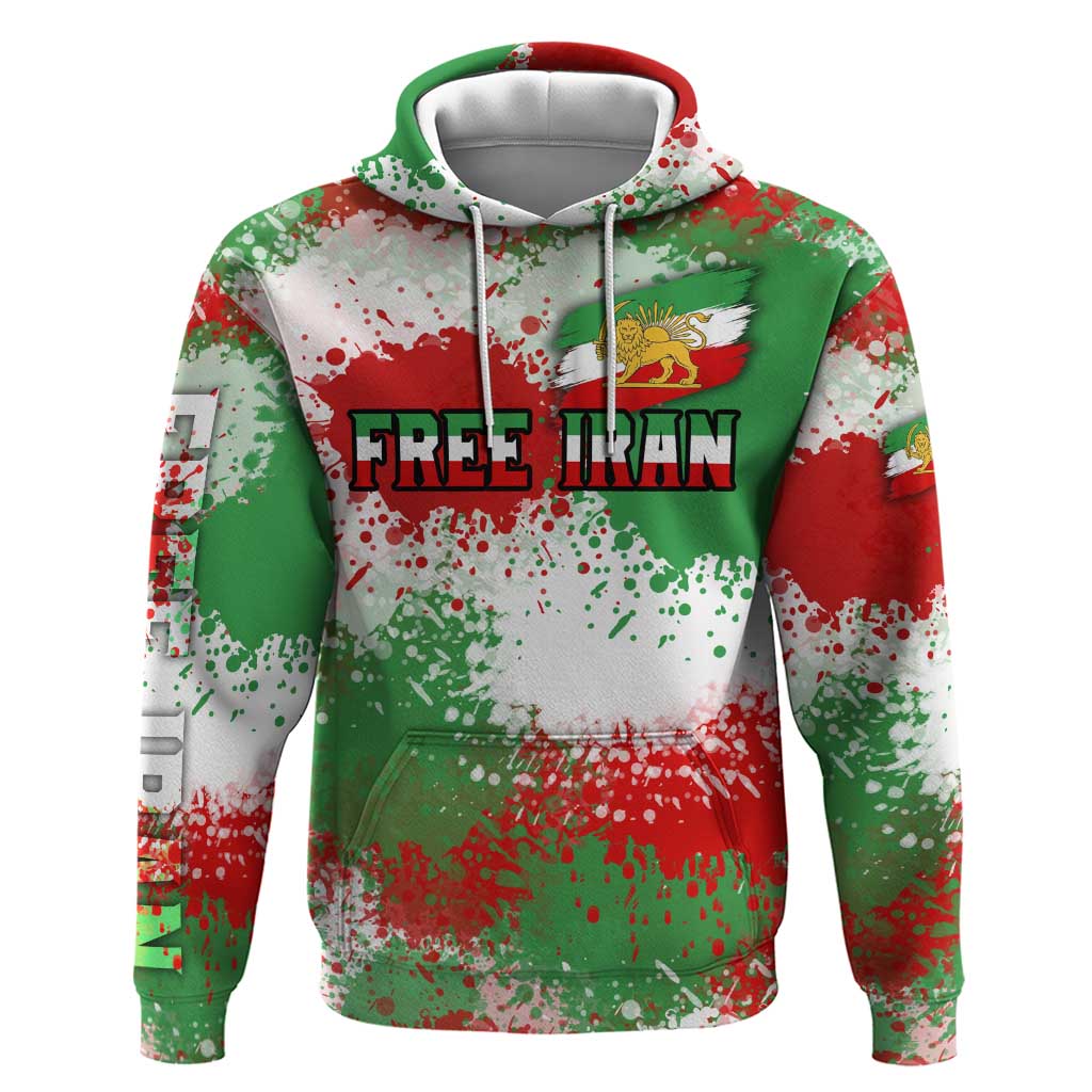 Free Iran Zip Hoodie Lion and Sun Emblem Grunge Paint Splash Style
