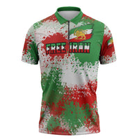 Free Iran Zipper Polo Shirt Lion and Sun Emblem Grunge Paint Splash Style