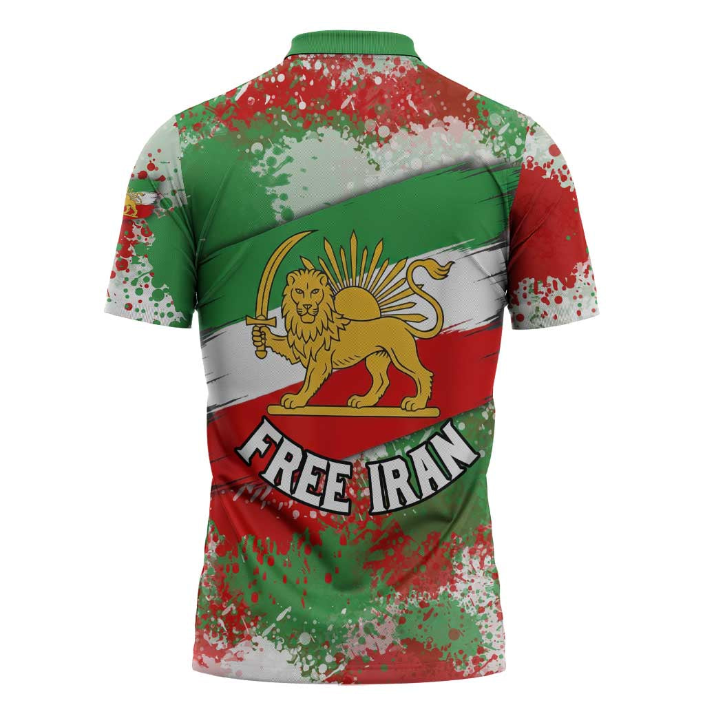 Free Iran Zipper Polo Shirt Lion and Sun Emblem Grunge Paint Splash Style