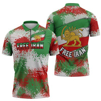 Free Iran Zipper Polo Shirt Lion and Sun Emblem Grunge Paint Splash Style