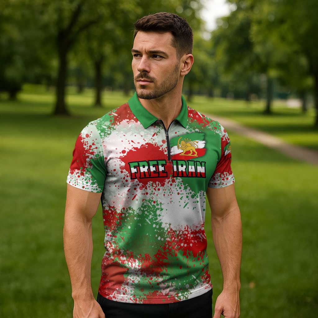 Free Iran Zipper Polo Shirt Lion and Sun Emblem Grunge Paint Splash Style