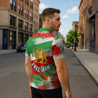 Free Iran Zipper Polo Shirt Lion and Sun Emblem Grunge Paint Splash Style