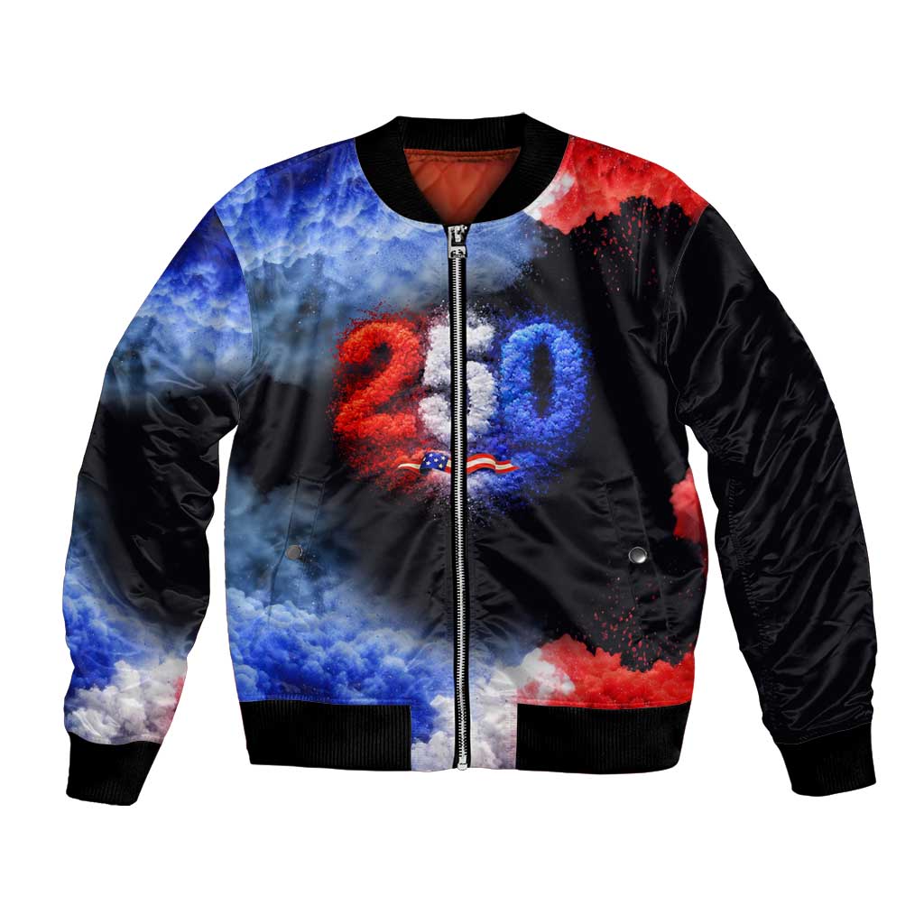 USA 250th Anniversary Celebration Bomber Jacket Patriotic Smoke Burst Art Style