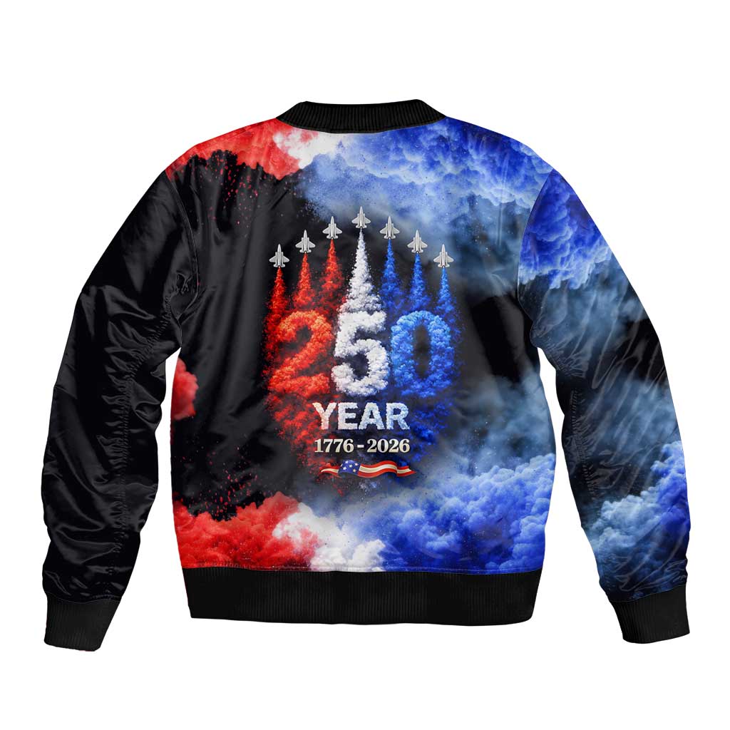USA 250th Anniversary Celebration Bomber Jacket Patriotic Smoke Burst Art Style