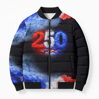 USA 250th Anniversary Celebration Bomber Puffer Jacket Patriotic Smoke Burst Art Style