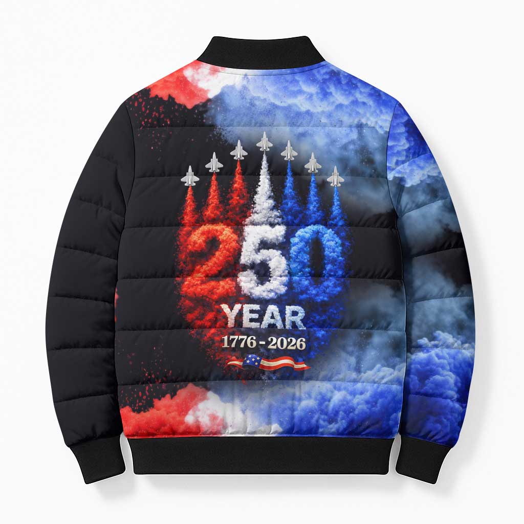 USA 250th Anniversary Celebration Bomber Puffer Jacket Patriotic Smoke Burst Art Style