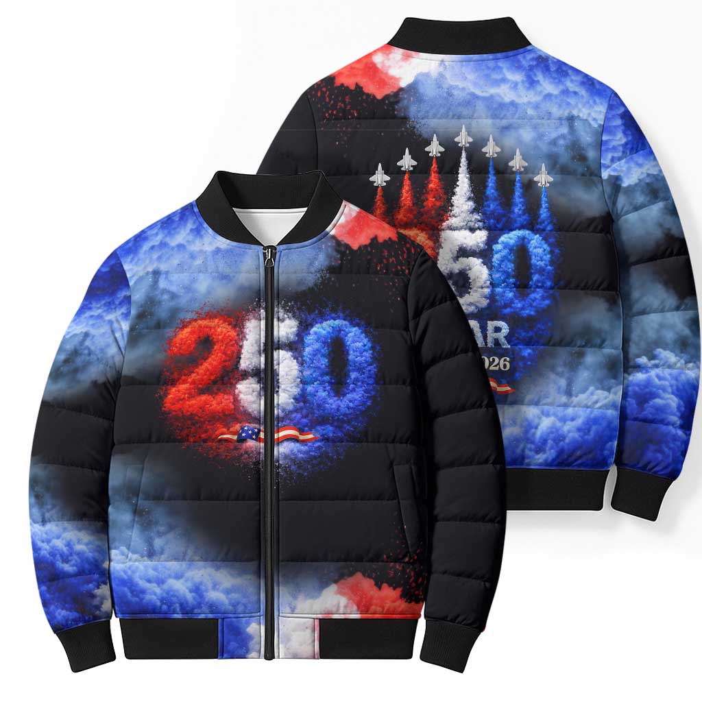 USA 250th Anniversary Celebration Bomber Puffer Jacket Patriotic Smoke Burst Art Style