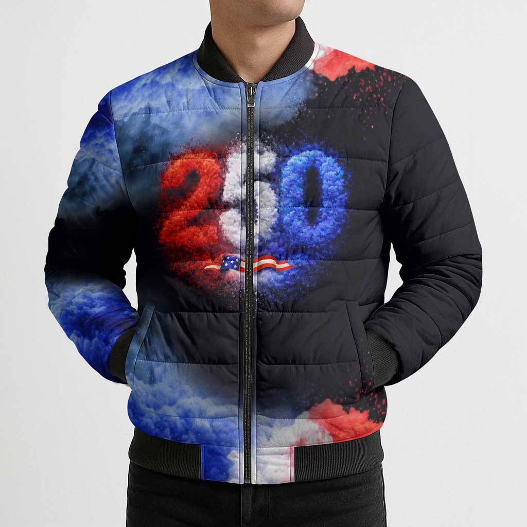 USA 250th Anniversary Celebration Bomber Puffer Jacket Patriotic Smoke Burst Art Style