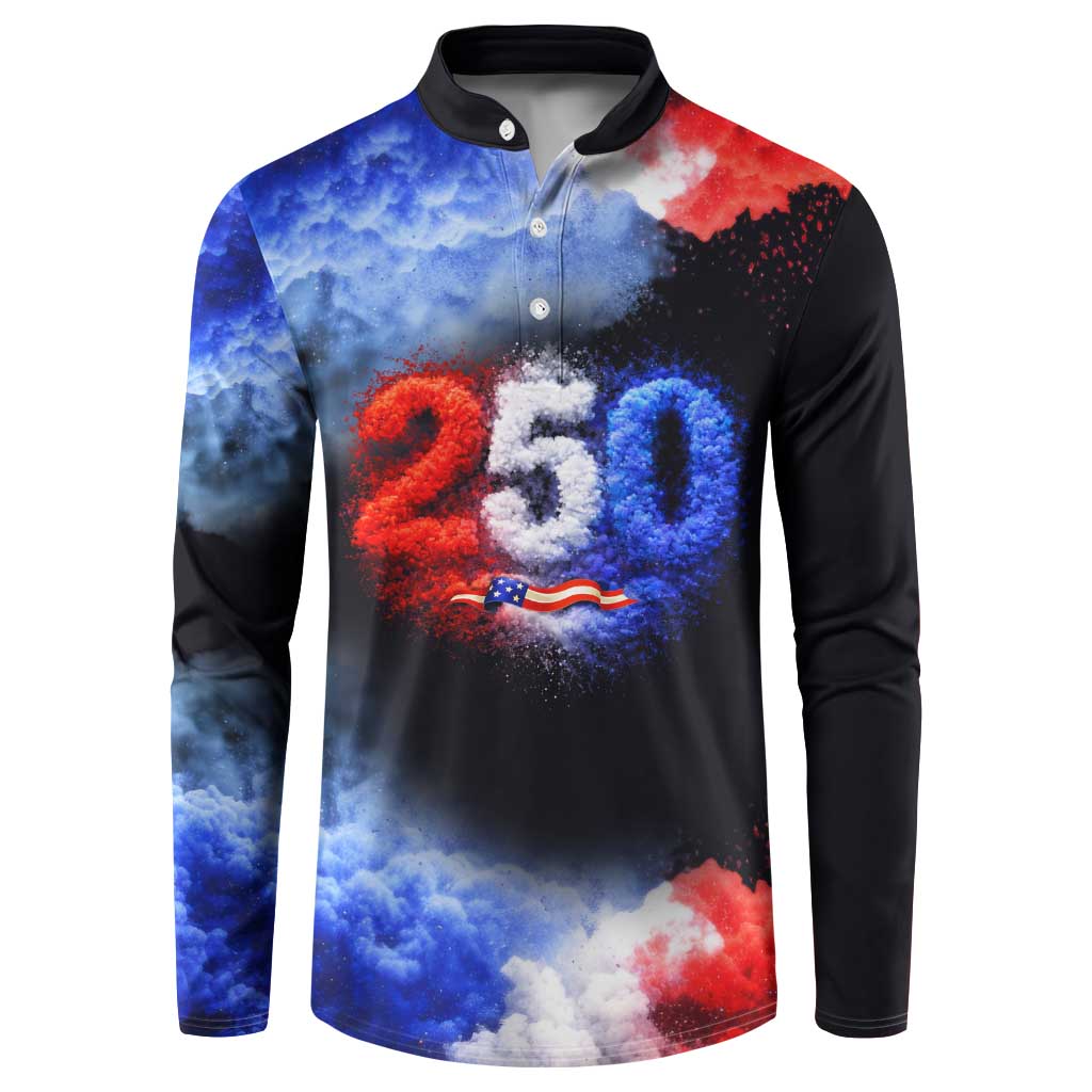 USA 250th Anniversary Celebration Button Sweatshirt Patriotic Smoke Burst Art Style