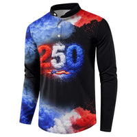 USA 250th Anniversary Celebration Button Sweatshirt Patriotic Smoke Burst Art Style