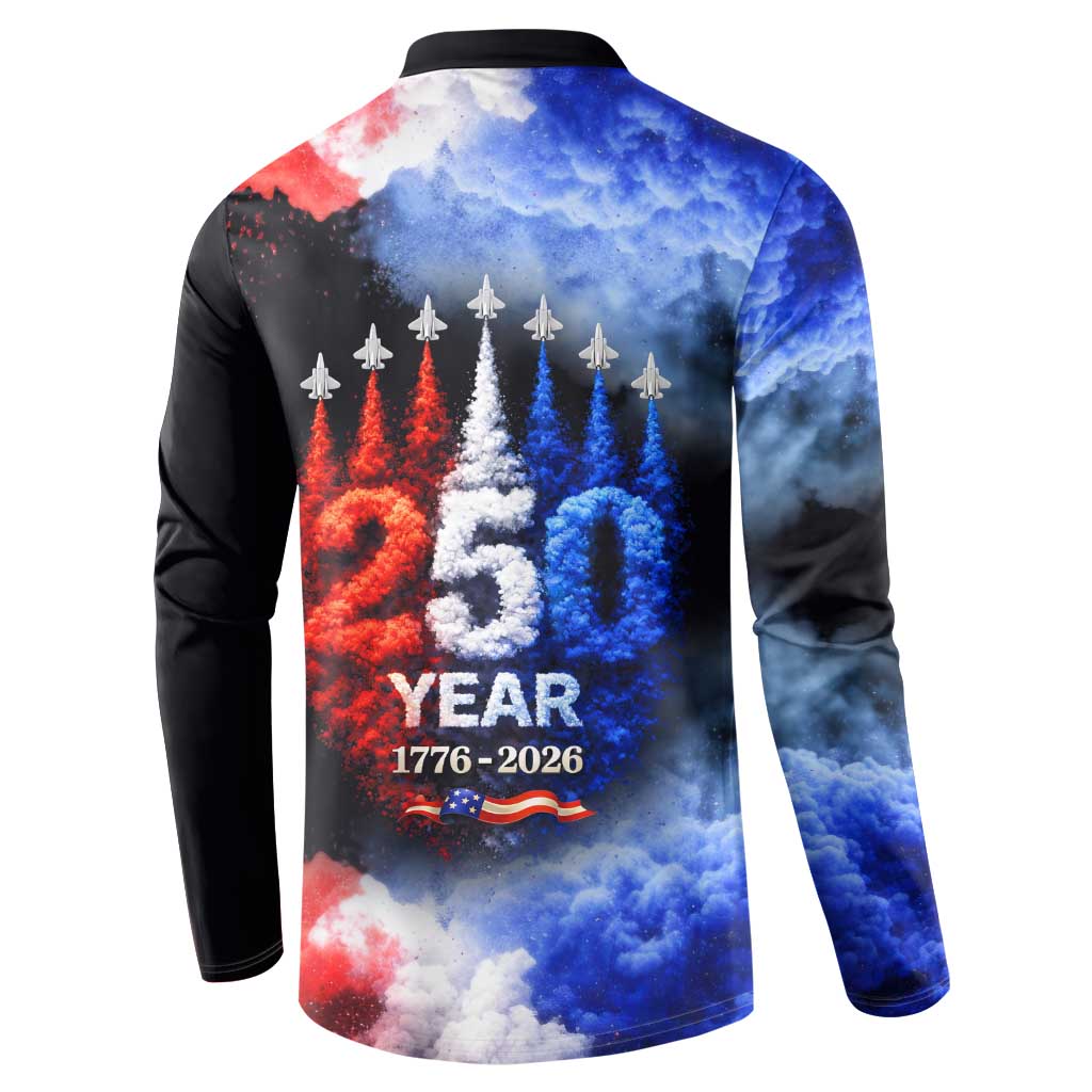 USA 250th Anniversary Celebration Button Sweatshirt Patriotic Smoke Burst Art Style