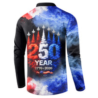 USA 250th Anniversary Celebration Button Sweatshirt Patriotic Smoke Burst Art Style