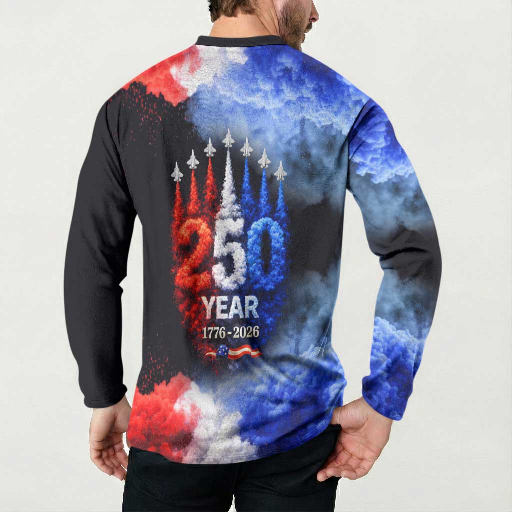 USA 250th Anniversary Celebration Button Sweatshirt Patriotic Smoke Burst Art Style