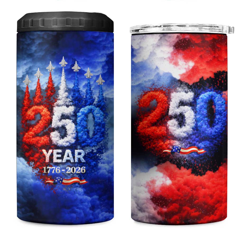 USA 250th Anniversary Celebration 4 in 1 Can Cooler Tumbler Patriotic Smoke Burst Art Style