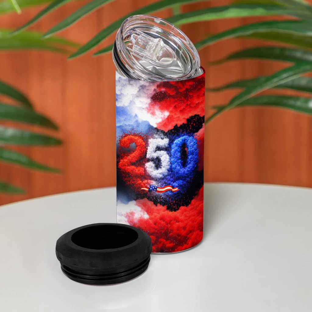 USA 250th Anniversary Celebration 4 in 1 Can Cooler Tumbler Patriotic Smoke Burst Art Style