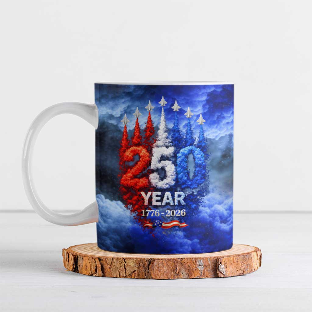 USA 250th Anniversary Celebration Ceramic Mug Patriotic Smoke Burst Art Style