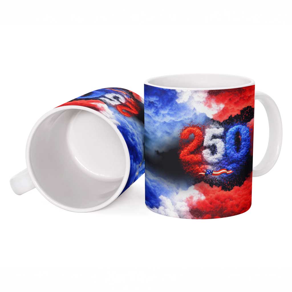 USA 250th Anniversary Celebration Ceramic Mug Patriotic Smoke Burst Art Style