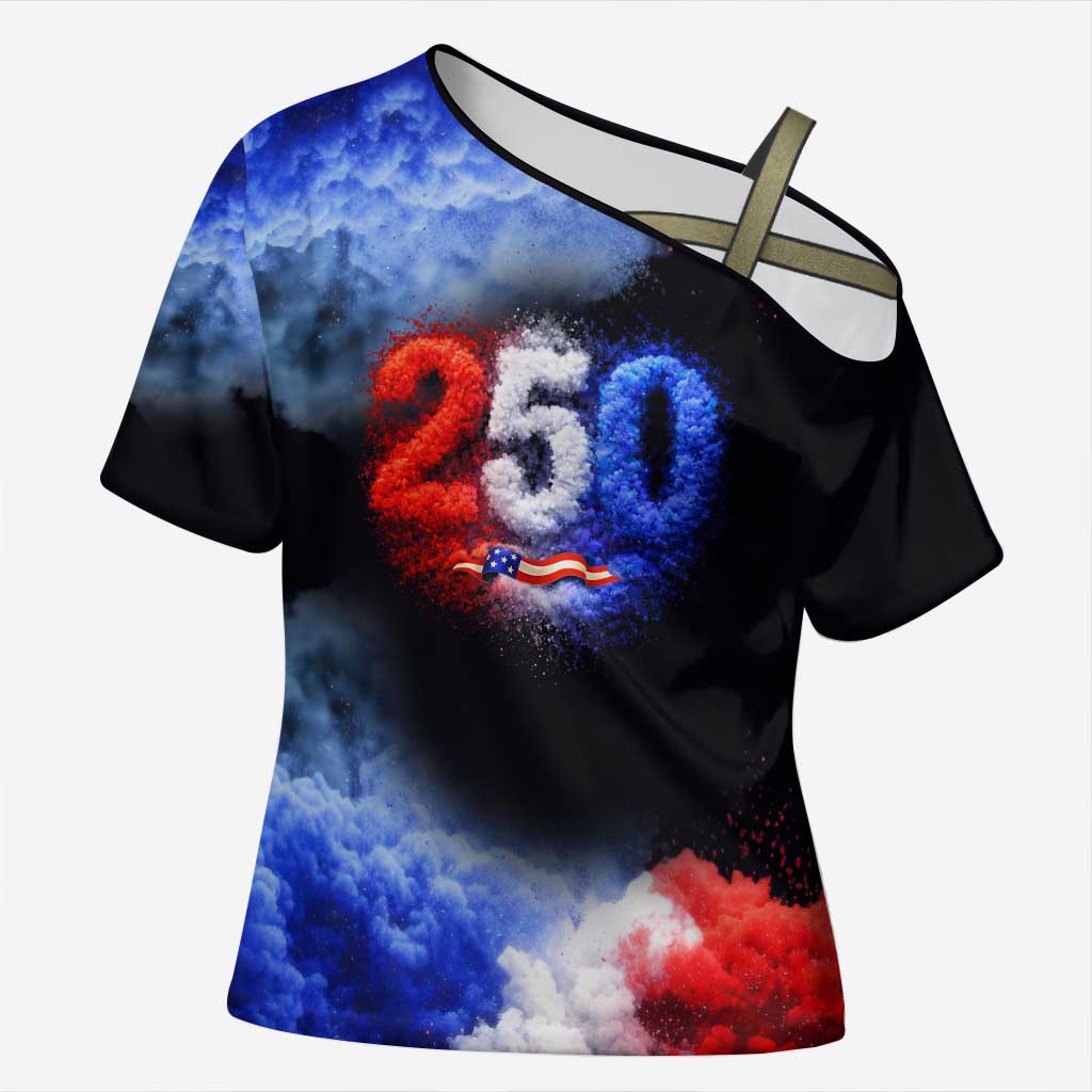 USA 250th Anniversary Celebration Cross Shoulder Shirt Patriotic Smoke Burst Art Style