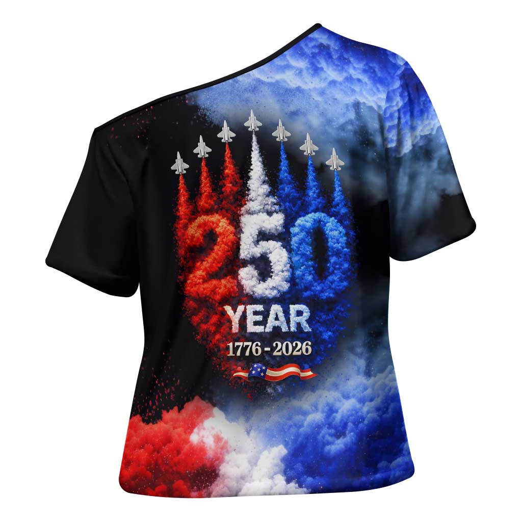 USA 250th Anniversary Celebration Cross Shoulder Shirt Patriotic Smoke Burst Art Style