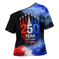 USA 250th Anniversary Celebration Cross Shoulder Shirt Patriotic Smoke Burst Art Style