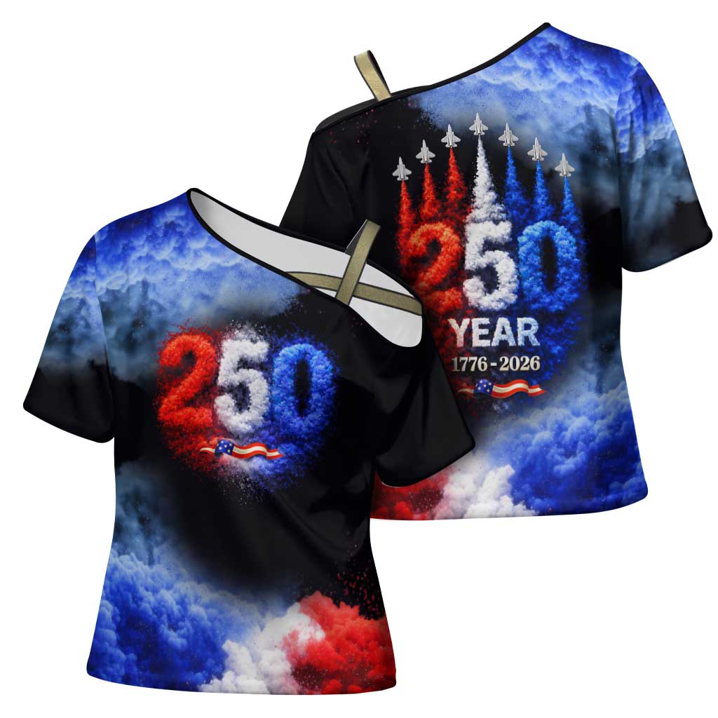 USA 250th Anniversary Celebration Cross Shoulder Shirt Patriotic Smoke Burst Art Style
