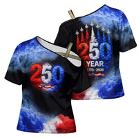USA 250th Anniversary Celebration Cross Shoulder Shirt Patriotic Smoke Burst Art Style
