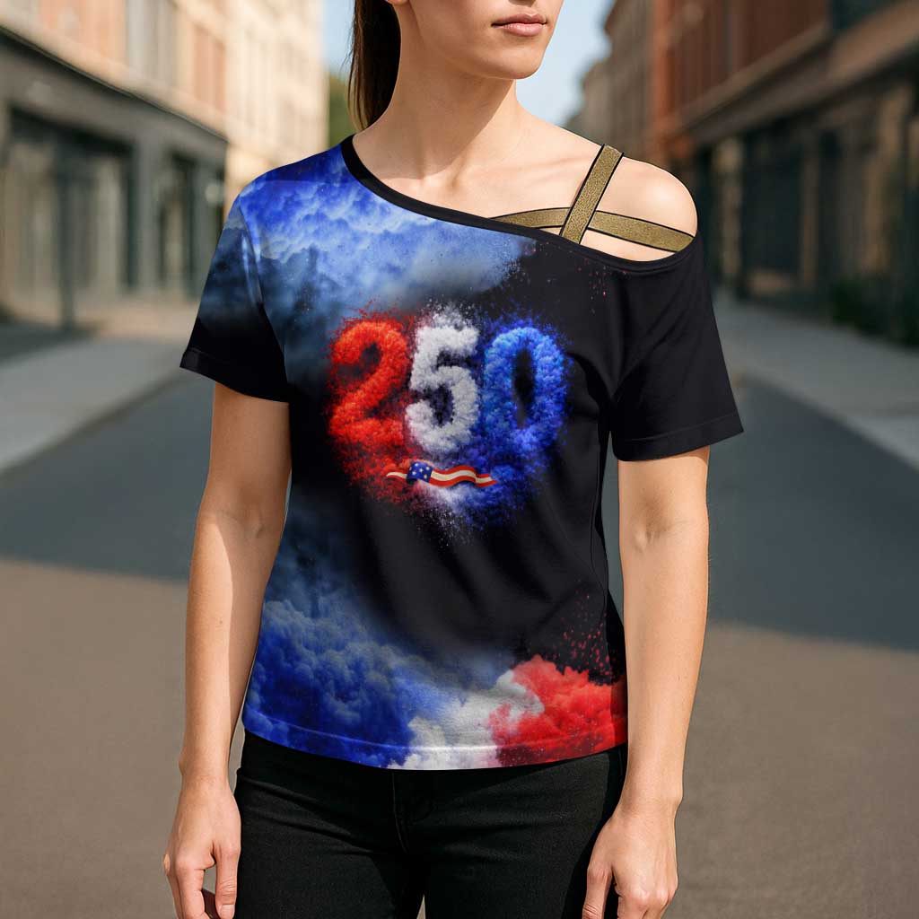USA 250th Anniversary Celebration Cross Shoulder Shirt Patriotic Smoke Burst Art Style