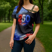 USA 250th Anniversary Celebration Cross Shoulder Shirt Patriotic Smoke Burst Art Style