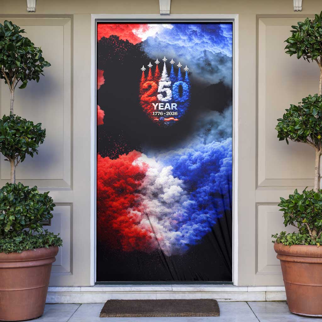 USA 250th Anniversary Celebration Door Cover Patriotic Smoke Burst Art Style