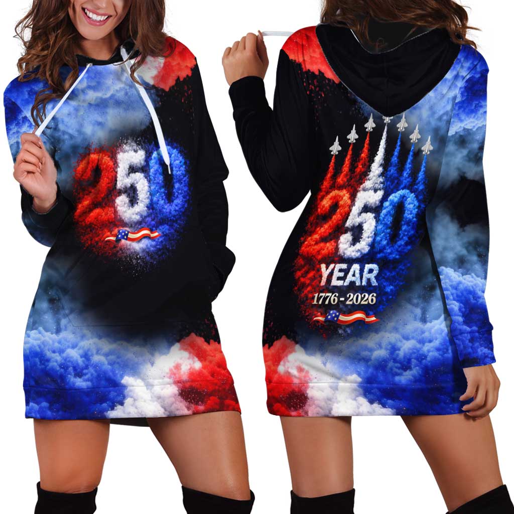 USA 250th Anniversary Celebration Hoodie Dress Patriotic Smoke Burst Art Style