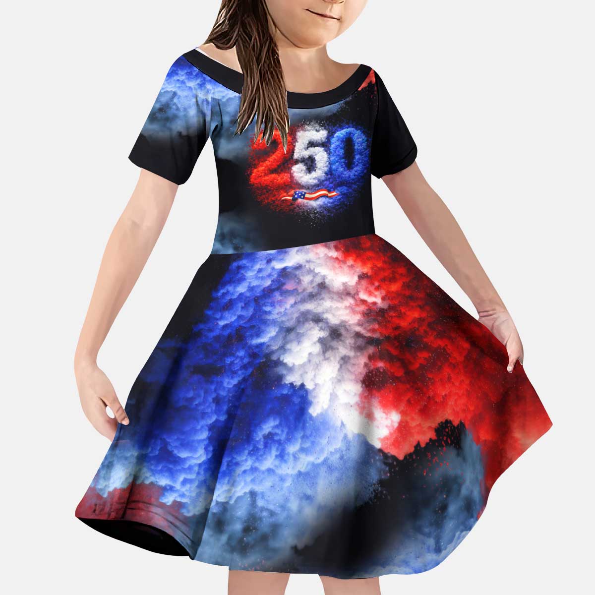 USA 250th Anniversary Celebration Kid Short Sleeve Dress Patriotic Smoke Burst Art Style