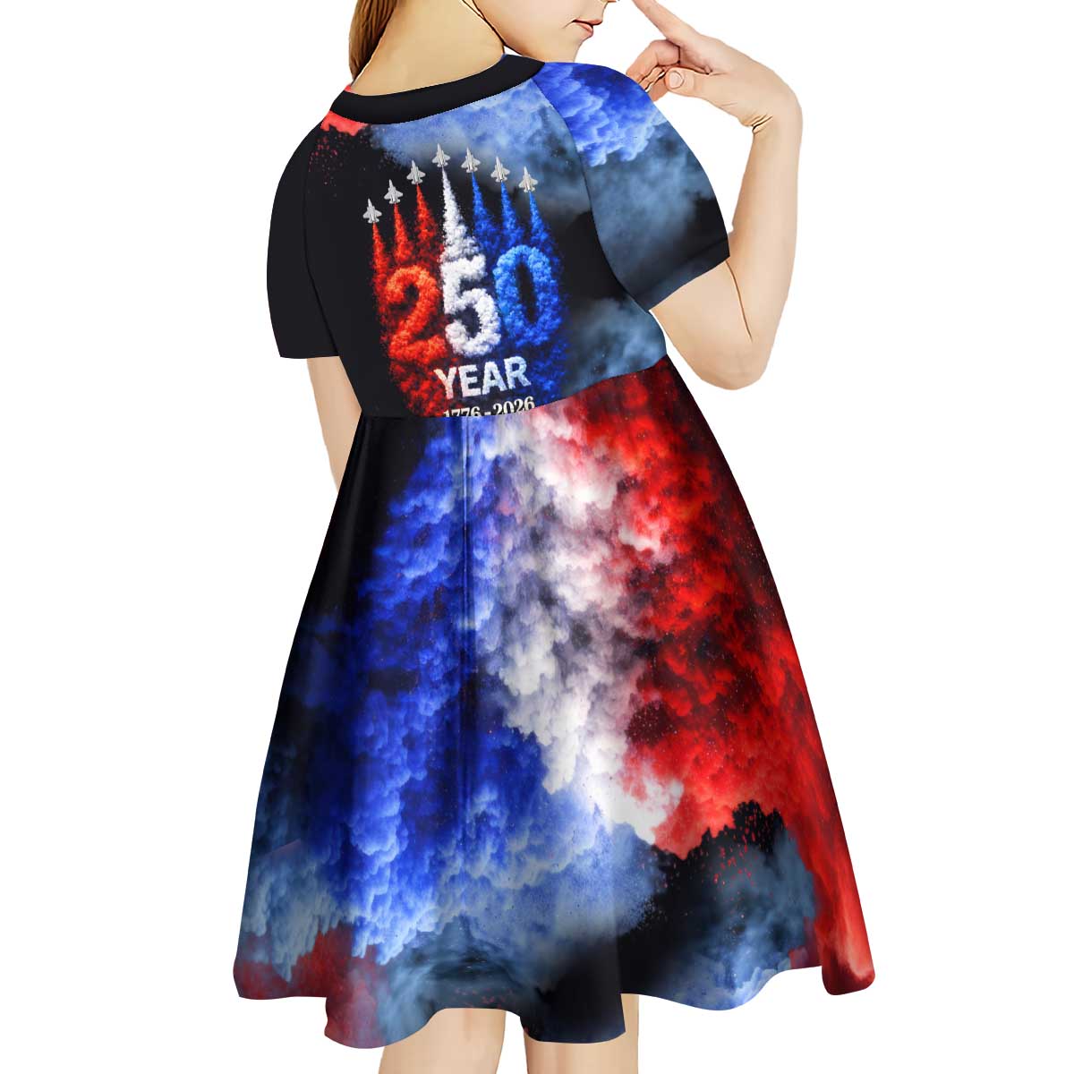 USA 250th Anniversary Celebration Kid Short Sleeve Dress Patriotic Smoke Burst Art Style