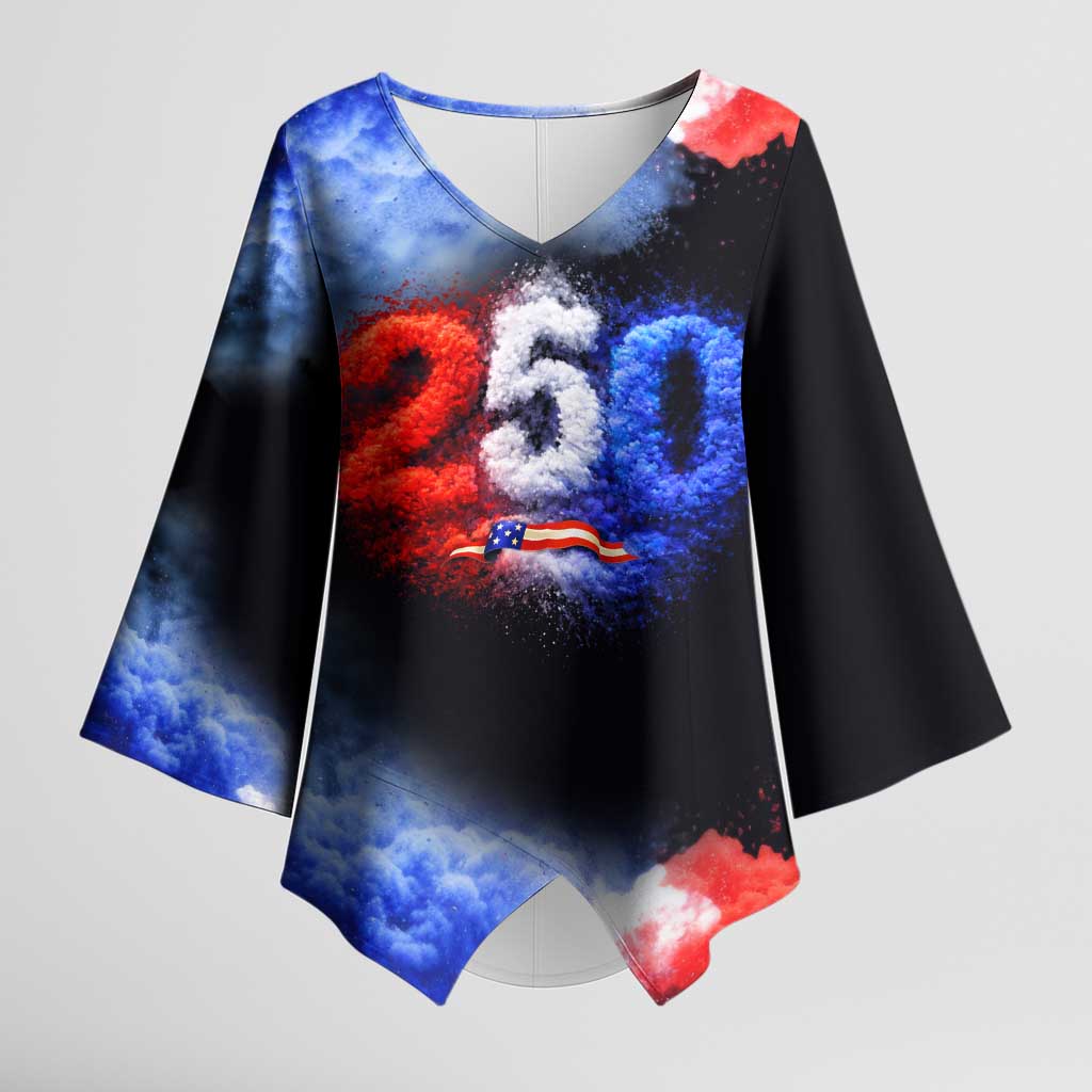 USA 250th Anniversary Celebration Kimono Sleeve Blouse Patriotic Smoke Burst Art Style
