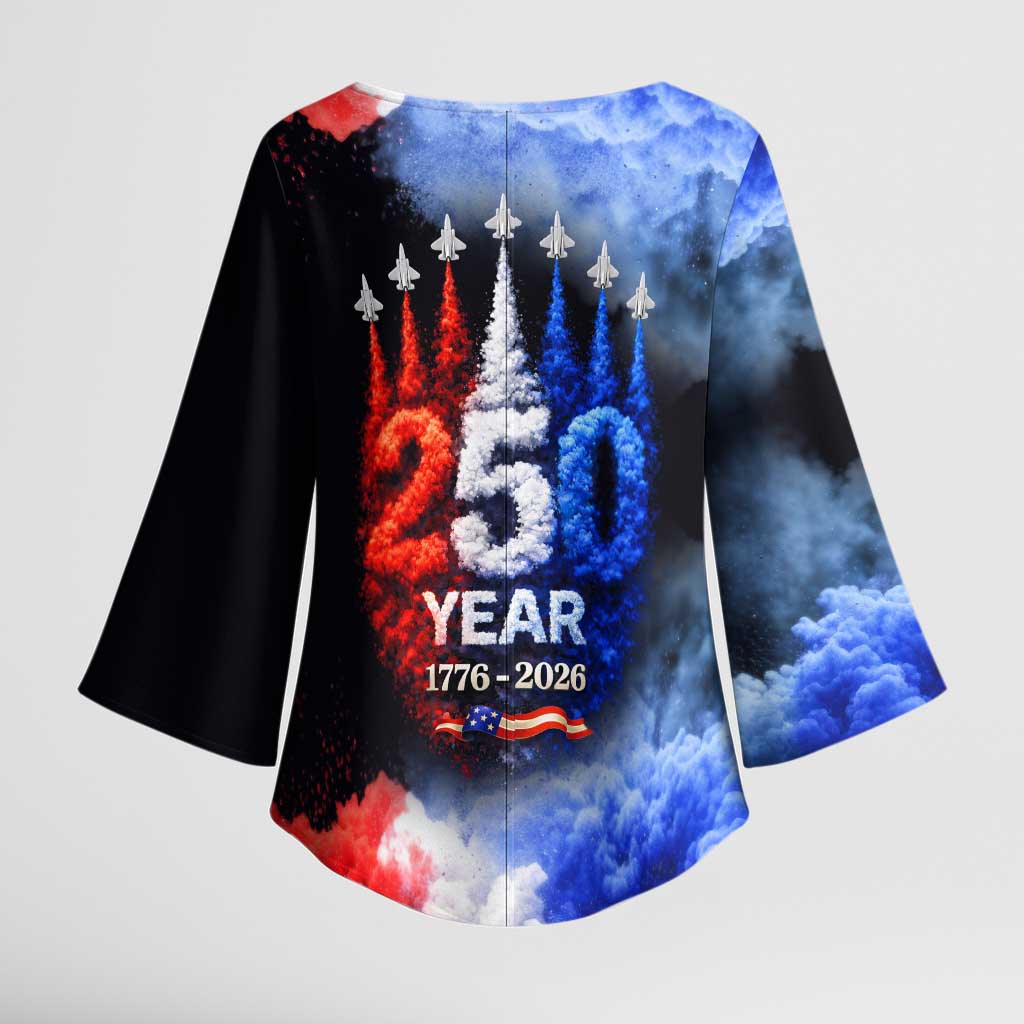 USA 250th Anniversary Celebration Kimono Sleeve Blouse Patriotic Smoke Burst Art Style