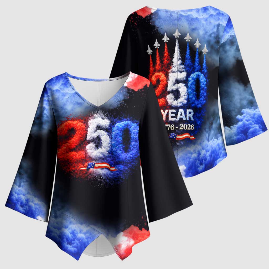 USA 250th Anniversary Celebration Kimono Sleeve Blouse Patriotic Smoke Burst Art Style