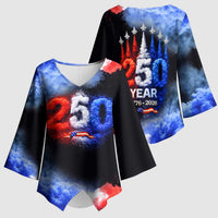 USA 250th Anniversary Celebration Kimono Sleeve Blouse Patriotic Smoke Burst Art Style