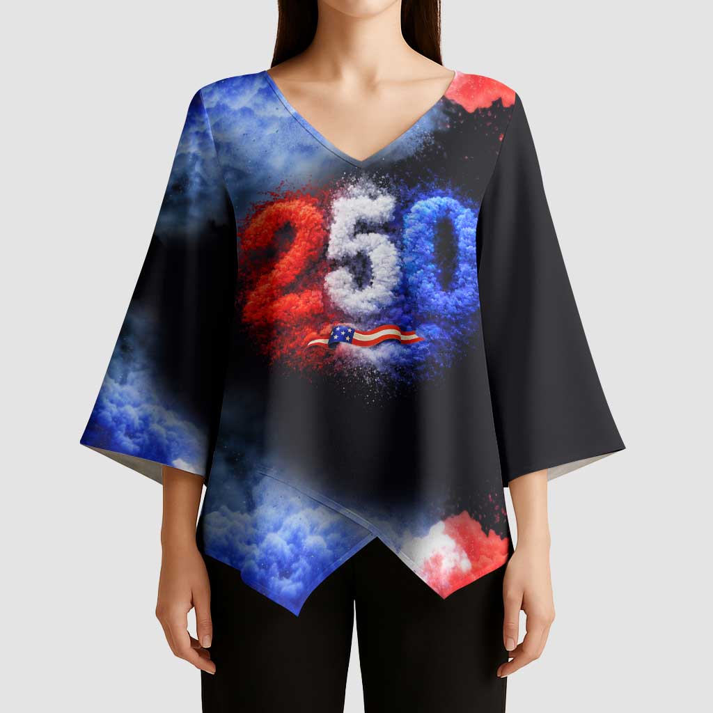 USA 250th Anniversary Celebration Kimono Sleeve Blouse Patriotic Smoke Burst Art Style