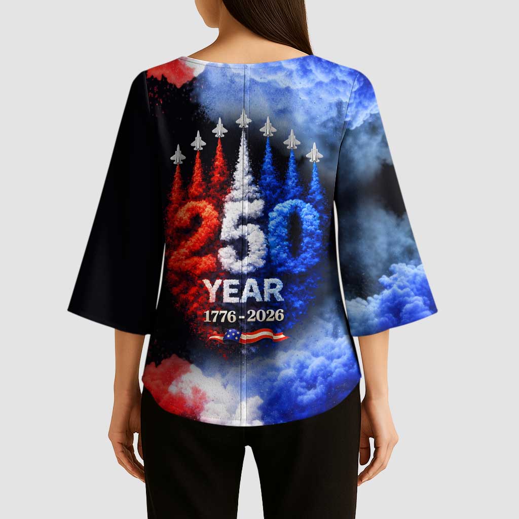 USA 250th Anniversary Celebration Kimono Sleeve Blouse Patriotic Smoke Burst Art Style