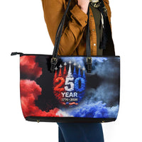 USA 250th Anniversary Celebration Leather Tote Bag Patriotic Smoke Burst Art Style