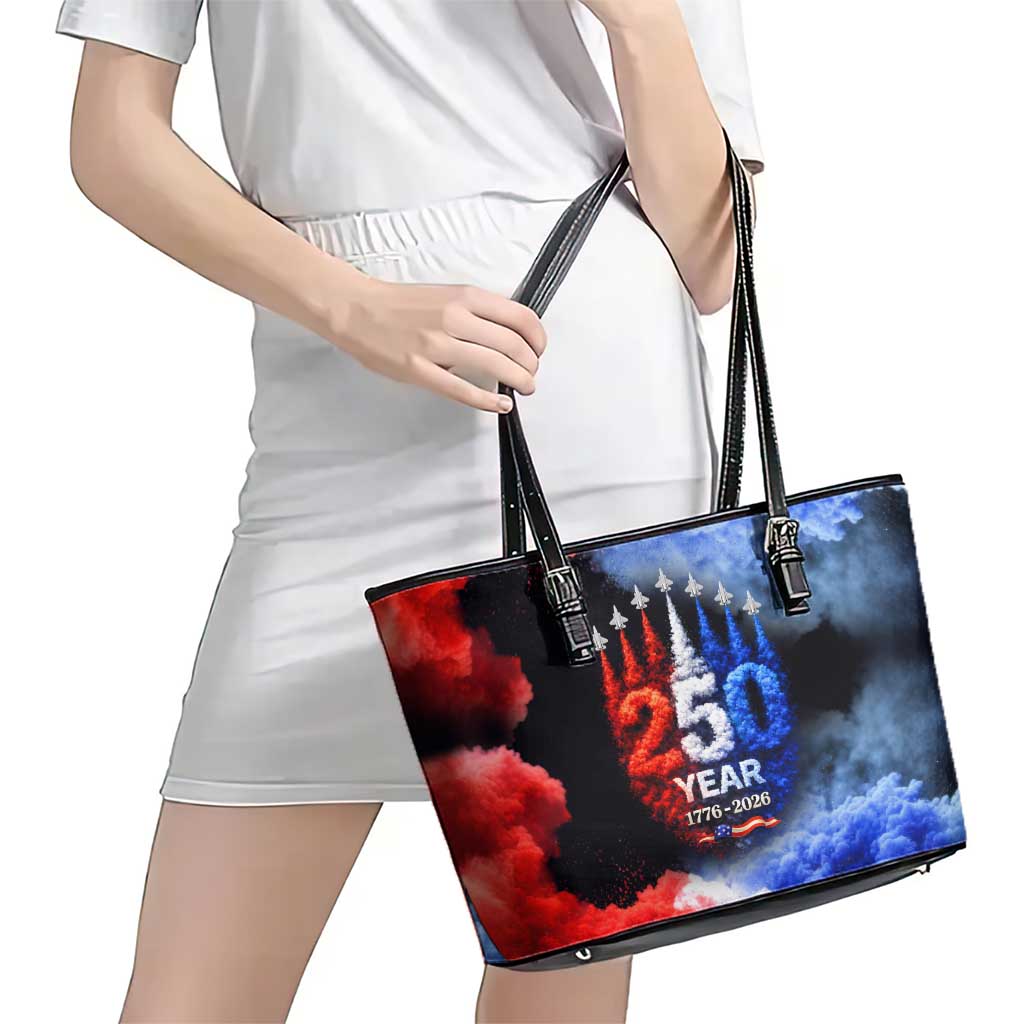USA 250th Anniversary Celebration Leather Tote Bag Patriotic Smoke Burst Art Style