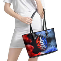 USA 250th Anniversary Celebration Leather Tote Bag Patriotic Smoke Burst Art Style