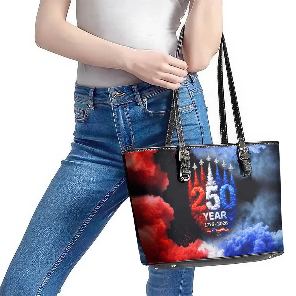 USA 250th Anniversary Celebration Leather Tote Bag Patriotic Smoke Burst Art Style