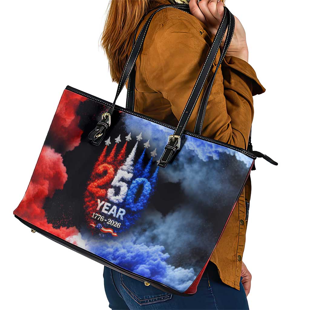 USA 250th Anniversary Celebration Leather Tote Bag Patriotic Smoke Burst Art Style