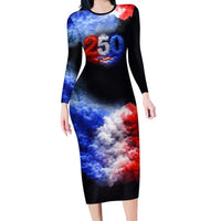 USA 250th Anniversary Celebration Long Sleeve Bodycon Dress Patriotic Smoke Burst Art Style