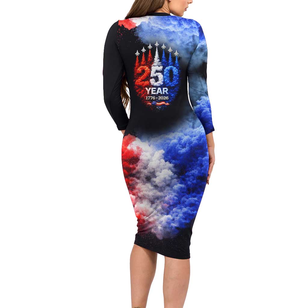 USA 250th Anniversary Celebration Long Sleeve Bodycon Dress Patriotic Smoke Burst Art Style