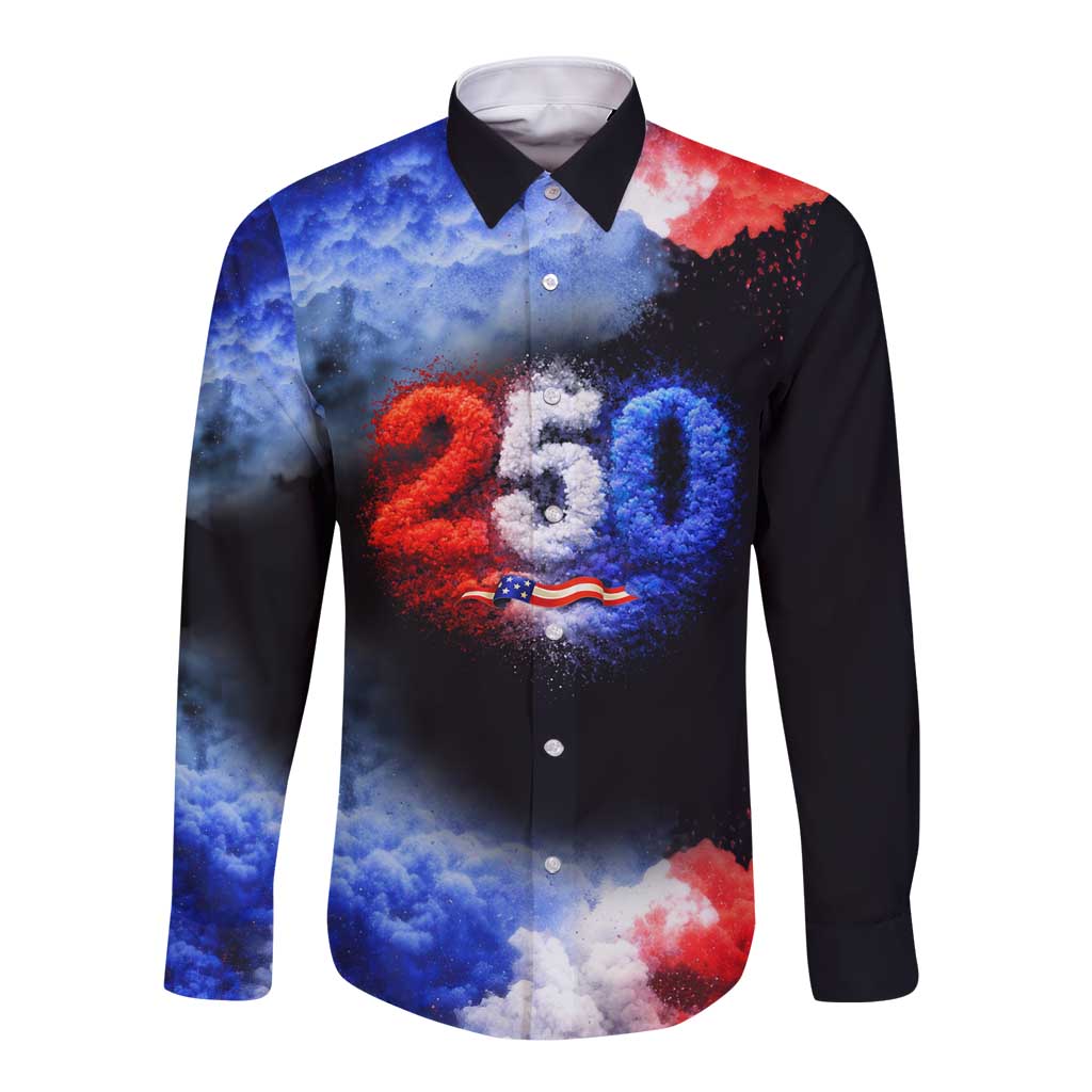 USA 250th Anniversary Celebration Long Sleeve Button Shirt Patriotic Smoke Burst Art Style