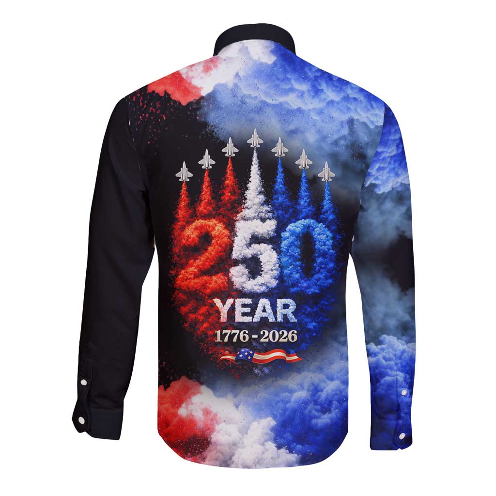 USA 250th Anniversary Celebration Long Sleeve Button Shirt Patriotic Smoke Burst Art Style