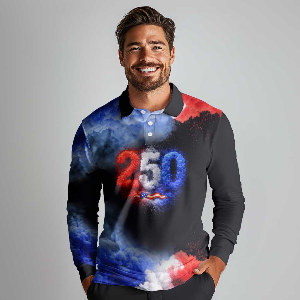 USA 250th Anniversary Celebration Long Sleeve Polo Shirt Patriotic Smoke Burst Art Style