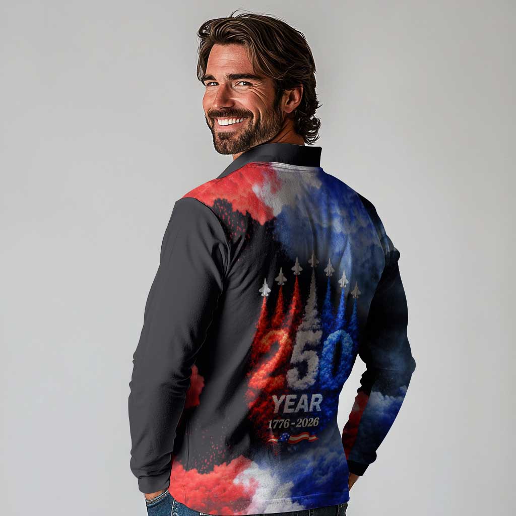 USA 250th Anniversary Celebration Long Sleeve Polo Shirt Patriotic Smoke Burst Art Style