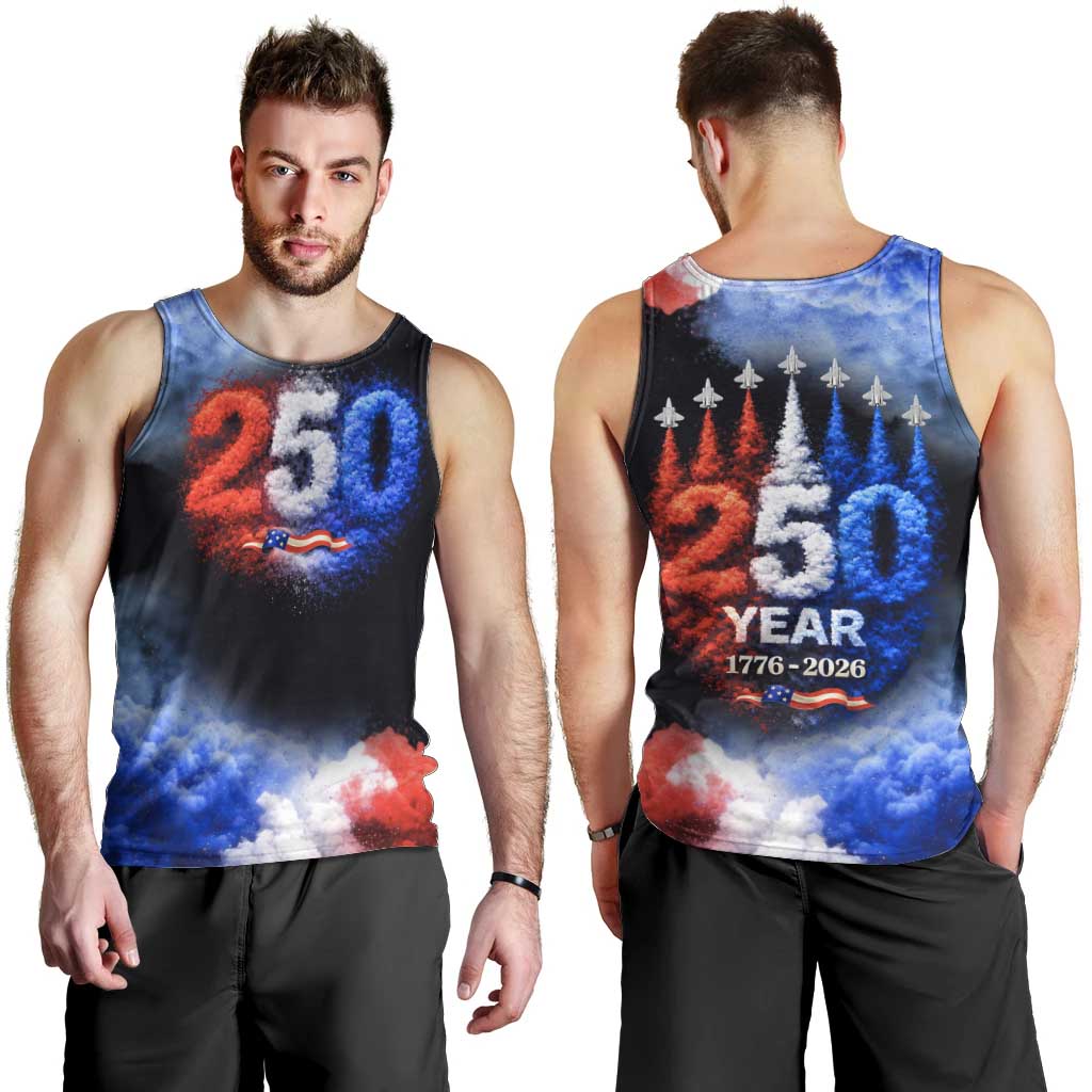 USA 250th Anniversary Celebration Men Tank Top Patriotic Smoke Burst Art Style